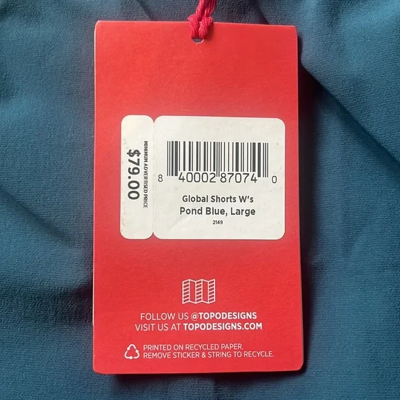 NWT Topo Designs Women's Global Shorts - Pond Blue, Large -Travel, Hiking, Sport - Picture 10 of 10